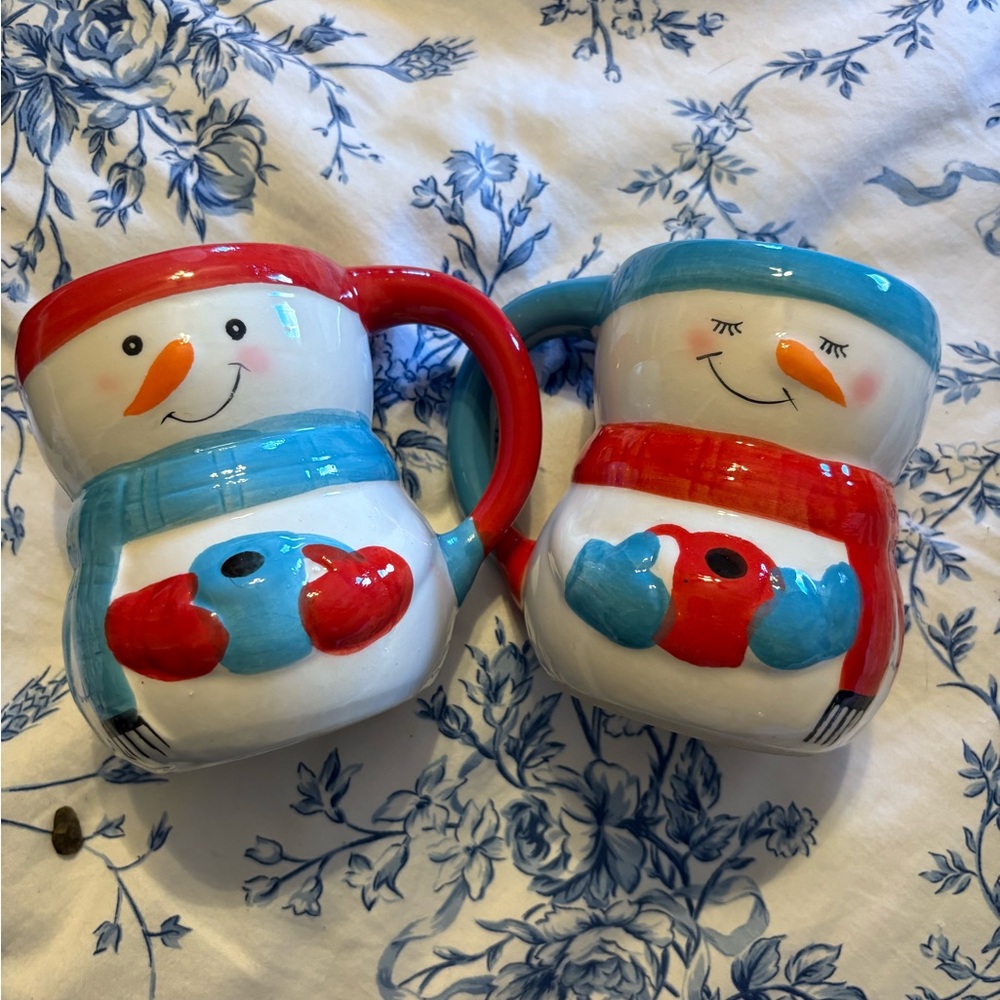 Bay Island Snowman Mugs with Red and Blue Details